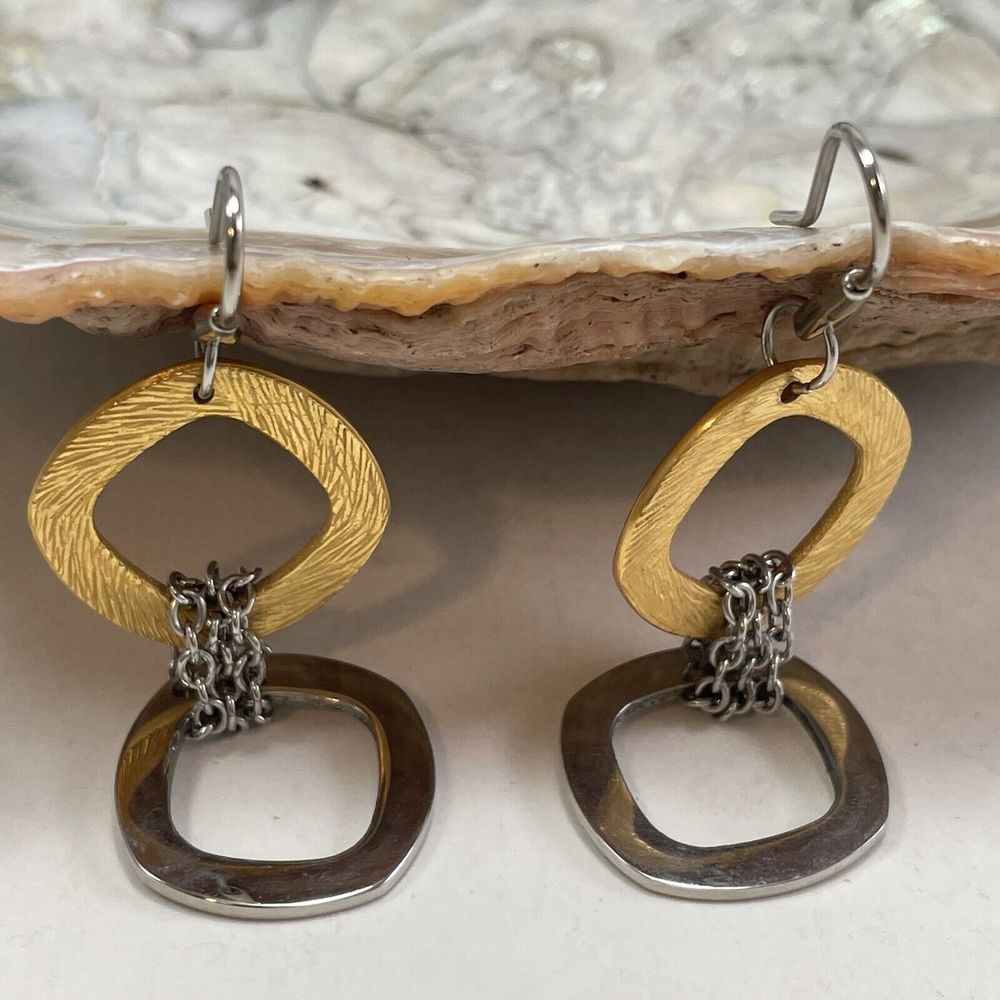 QVC Steel By Design Two Tone 28” Necklace & 8” Bracelet Earrings Rounded Square - Picture 14 of 16